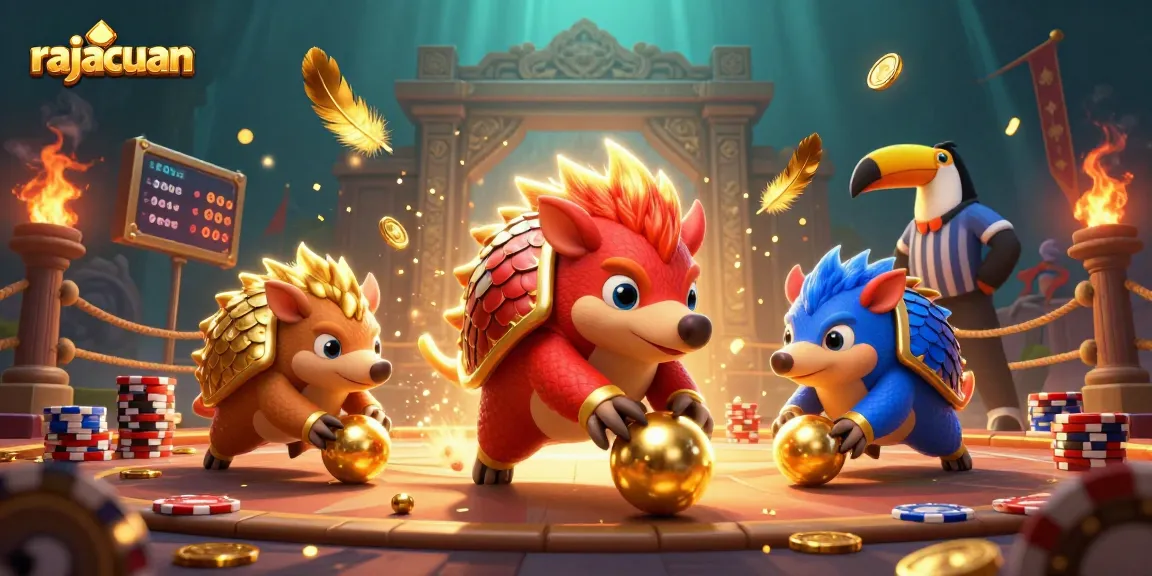 Engage in thrilling casino action with rajacuan as pangolins battle amidst poker chips and vibrant confetti.