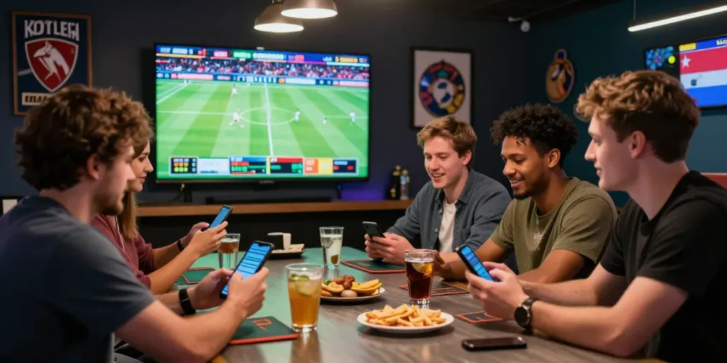 Friends engaging in sports betting at ALO88 platform, with live odds on screen.