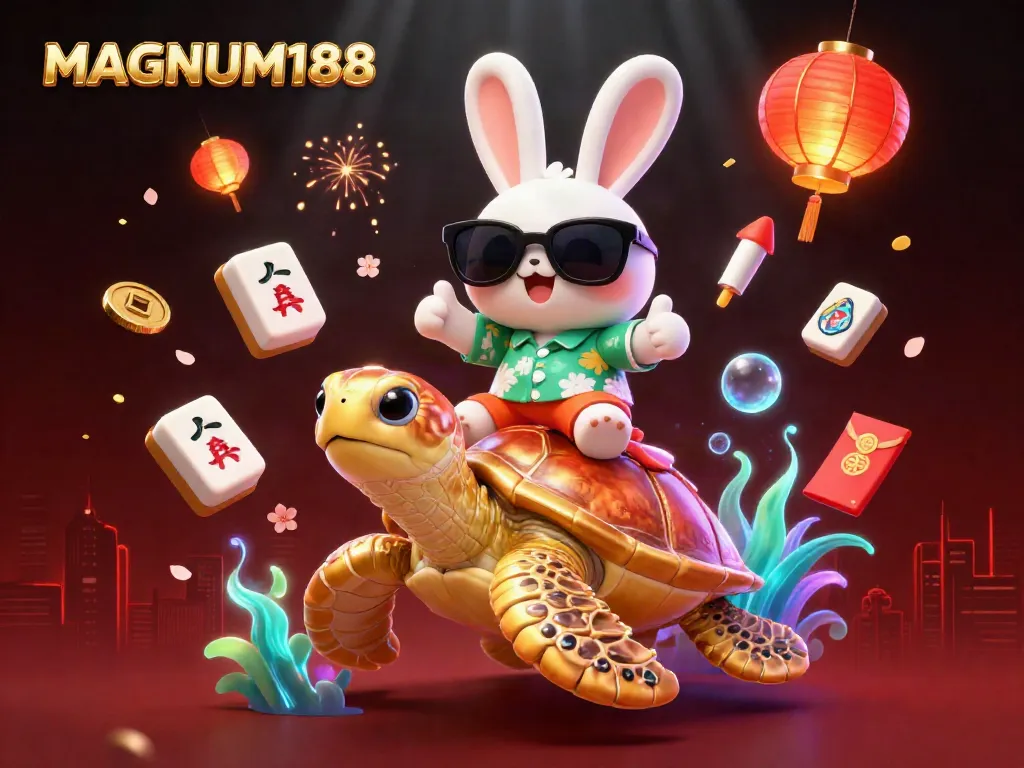 Experience MAGNUM188's slots excitement with a lively scene involving a cartoon rabbit and sea turtle.
