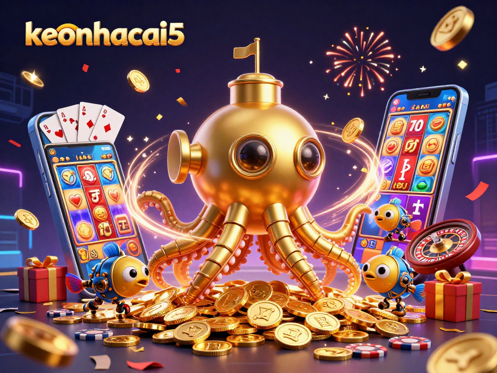 Engage with keonhacai5 in a vivid underwater casino adventure featuring a golden kraken and dynamic game elements.