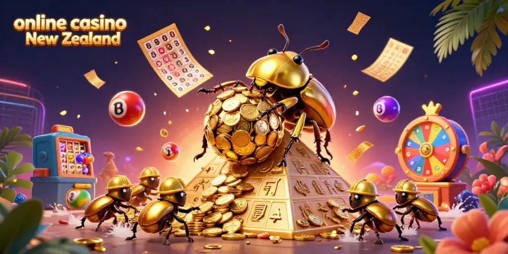 Experience the excitement of online casino New Zealand with a vibrant scene of gold coins and lottery elements.