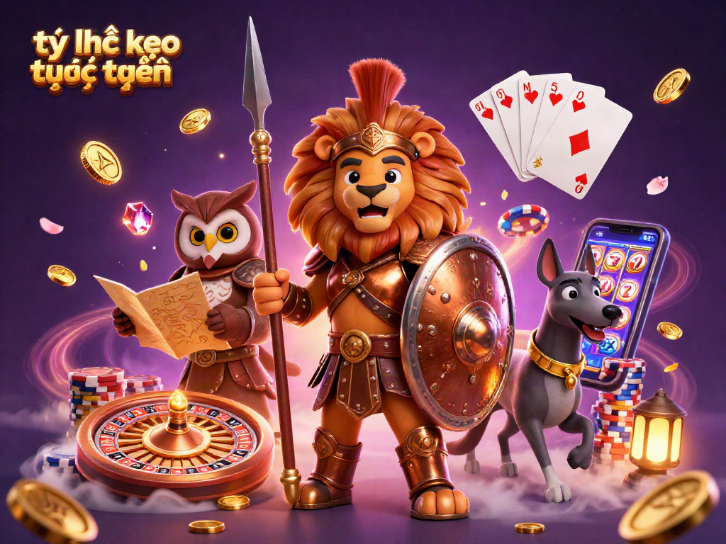 Engage with tỷ lệ kèo trực tuyến through dynamic sports betting visuals featuring a Spartan lion, owl strategist, and greyhound messenger.