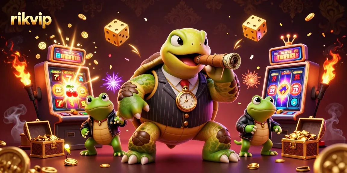 Experience the excitement of rikvip with a dynamic casino scene featuring characters, slot machines, and jackpot winnings.