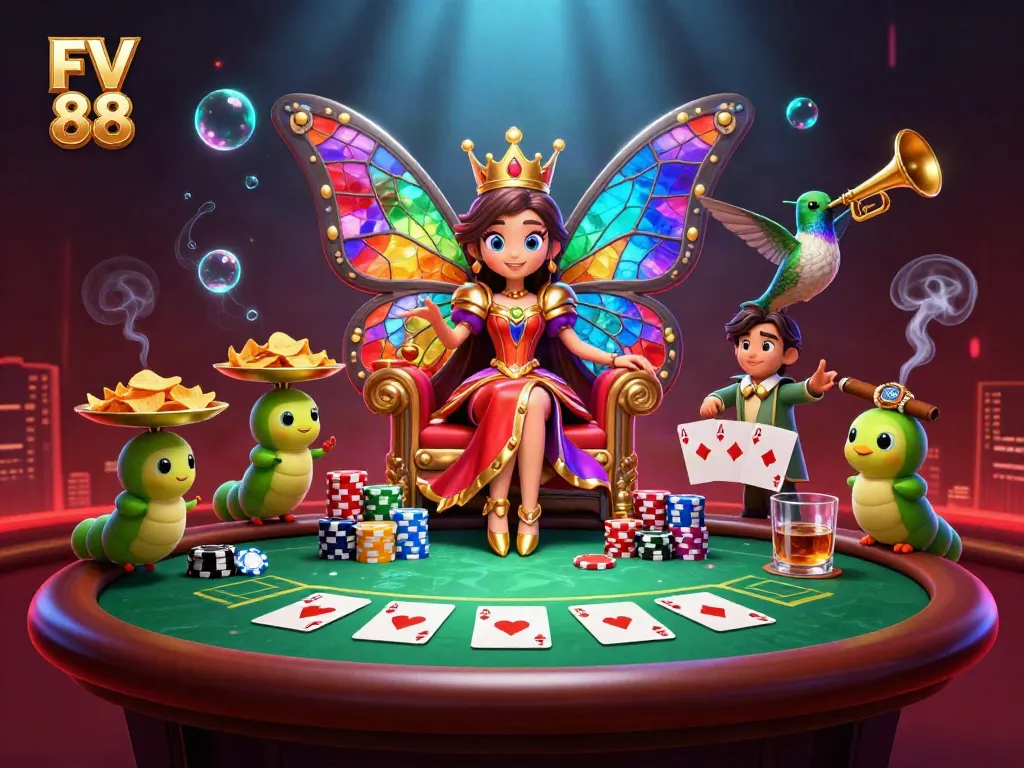 Experience the vibrant and dynamic world of FV 88 with a colorful casino scene filled with thrilling gaming elements.