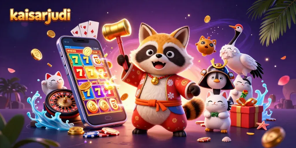 Engage with kaisarjudi through an exciting illustration showcasing a cheerful tanuki and casino elements.
