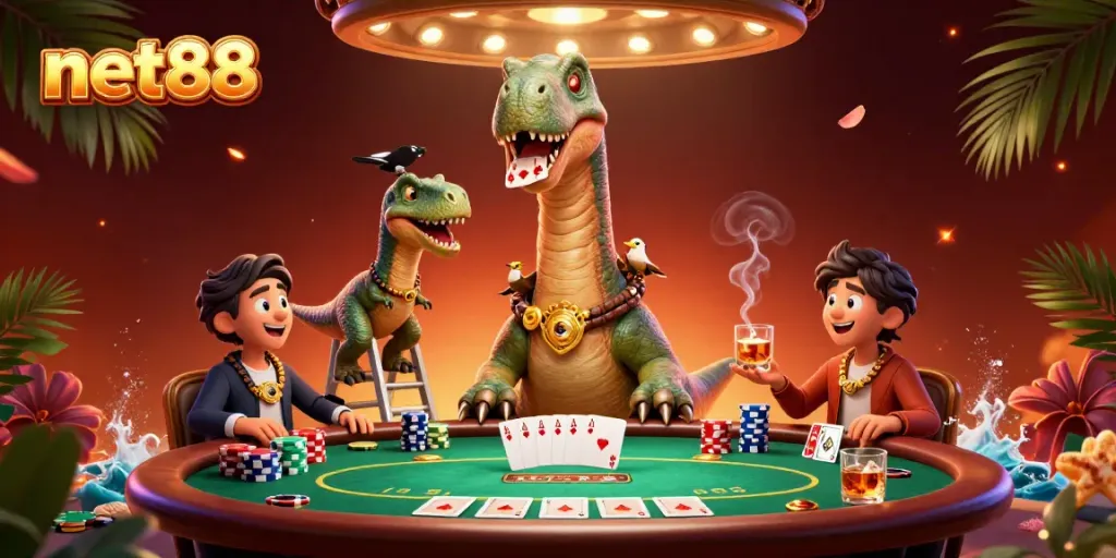 Engage in thrilling poker action at net88 with a brontosaurus dealer and vibrant casino elements.