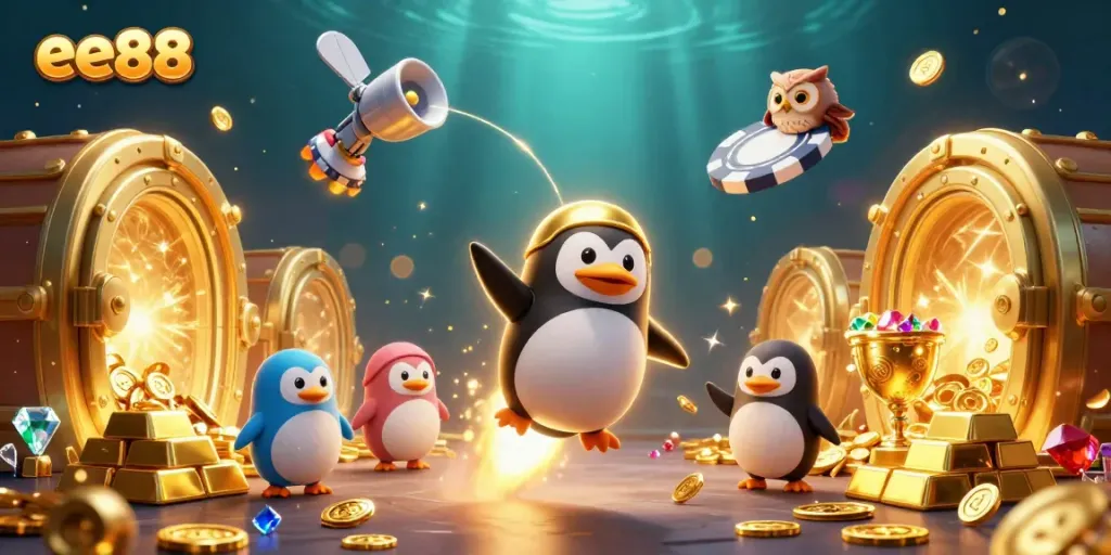 Engage with ee88's exhilarating world of online gaming featuring a golden penguin and casino elements.