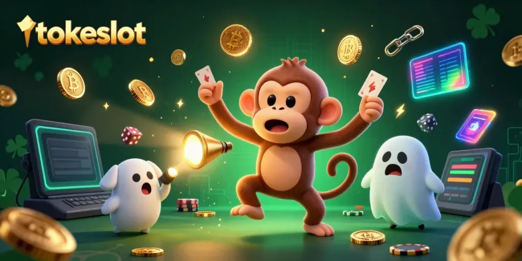Experience the thrill of tokeslot with our 3D illustration featuring a playful monkey and spooky elements in a vibrant casino