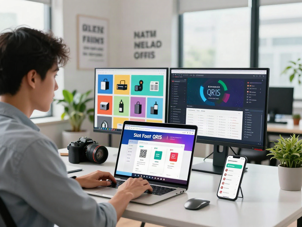 Entrepreneur integrating slot QRIS in a modern ecommerce office, showcasing vibrant online store.
