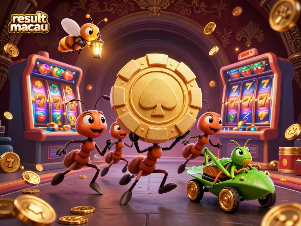 Ants in a heist carrying a golden poker chip, representing the result macau in a vibrant casino scene.