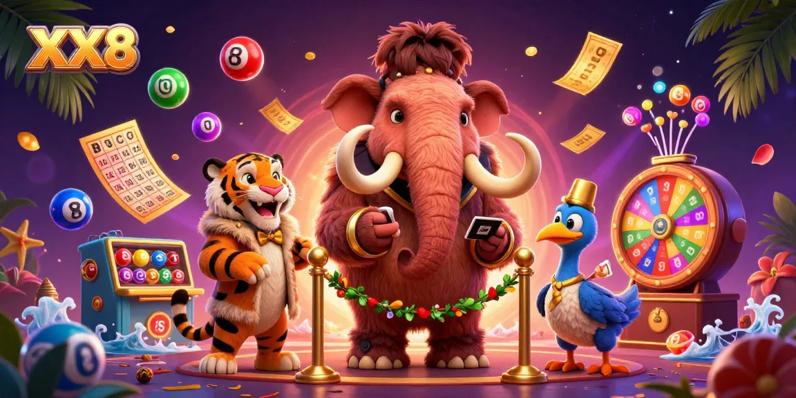 Engage with the vibrant world of XX8, where a woolly mammoth bouncer and saber-tooth tiger VIP come to life in a bustling casino scene.