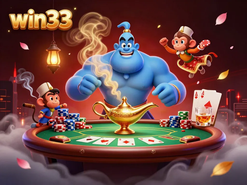 Win33 platform showcases an engaging casino scene with a genie, poker chips, and vibrant colors.