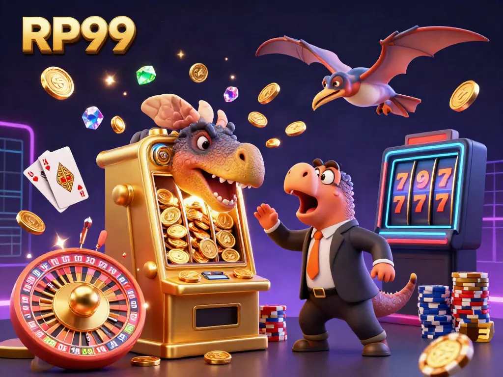 Experience excitement with RP99 as a pachycephalosaurus triggers a jackpot in this colorful 3D casino scene.