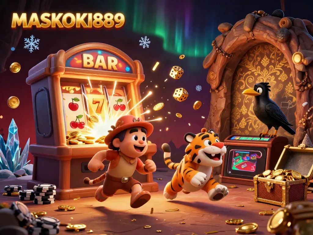 Experience winning moments at MASKOKI889 with a vibrant 3D casino illustration showcasing thrilling games and excitement.