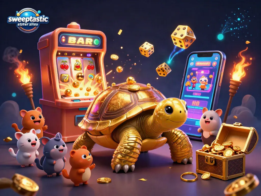 Sweeptastic sister sites come alive with vibrant characters, jackpots, and fun casino elements in this captivating 3D scene.