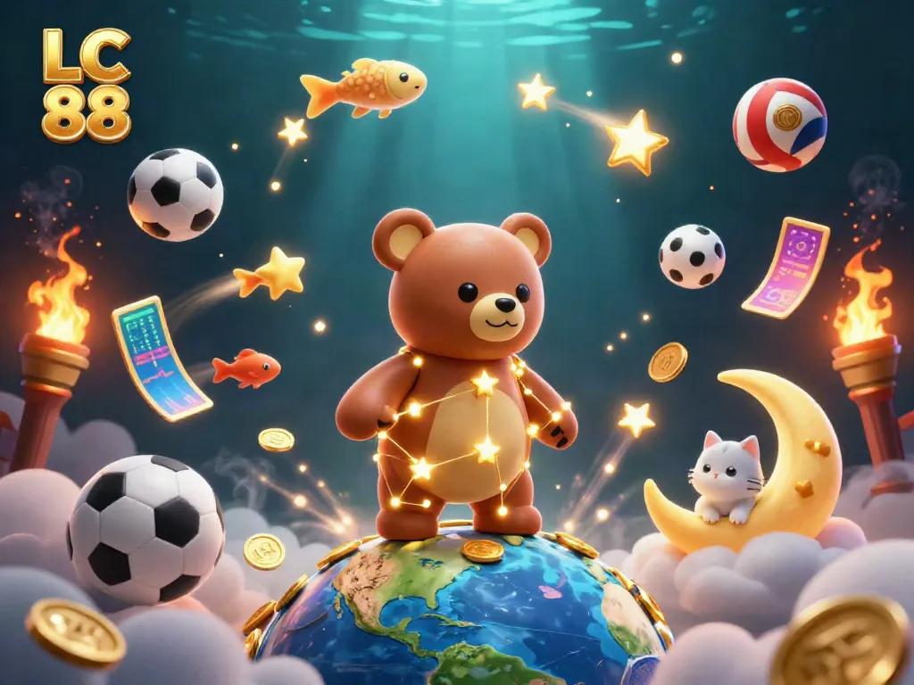 Engage with LC 88's vibrant casino universe, featuring a golden constellation bear amidst dynamic sports elements.