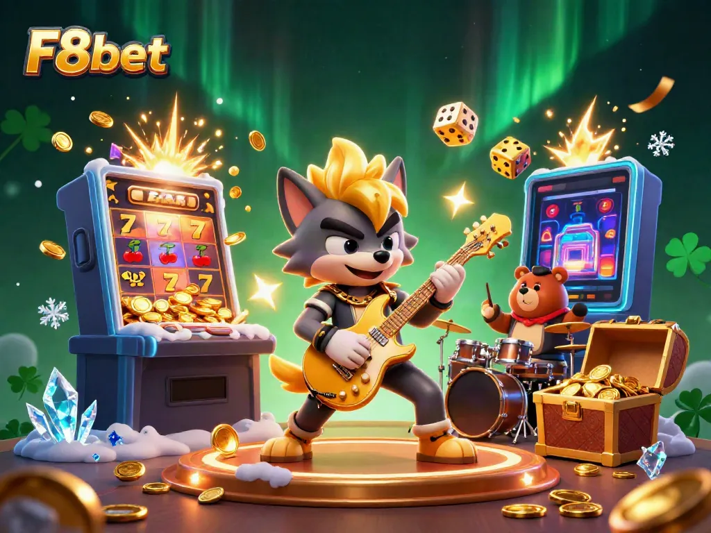 Experience the vibrant energy of F8bet with a rock star wolf and dynamic casino elements.