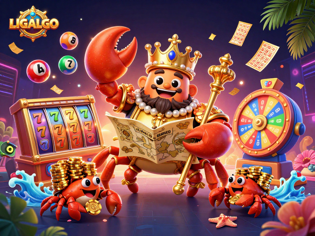 LIGALGO showcases a vibrant gaming scene with a golden crab emperor, slot elements, and dynamic lottery interactions.