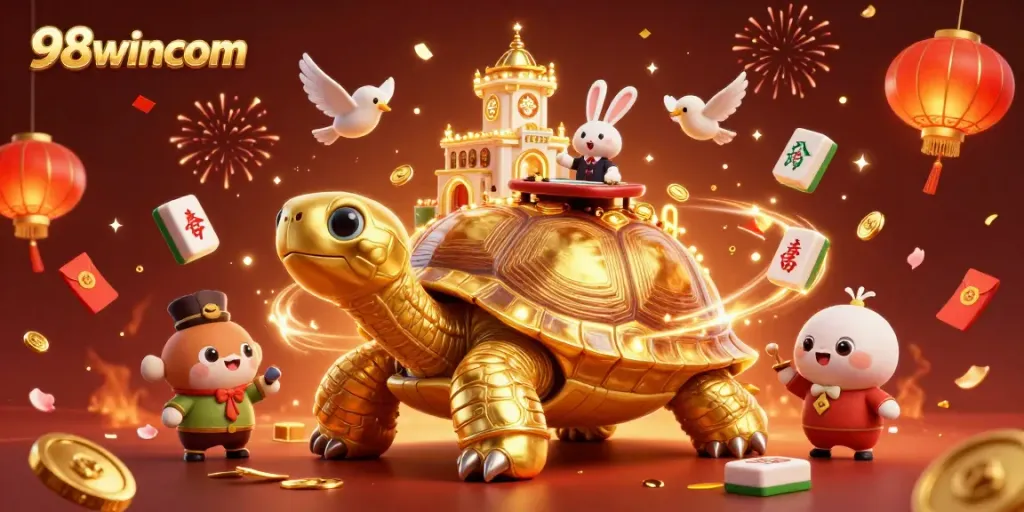 Experience the enchanting world of 98wincom with a vibrant casino-themed illustration featuring a golden tortoise, a rabbit dealer, and magical elements.