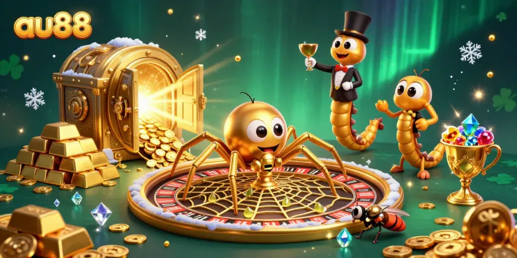 Engage in immersive gameplay at au88 within a dynamic 3D casino scene featuring golden web roulette.