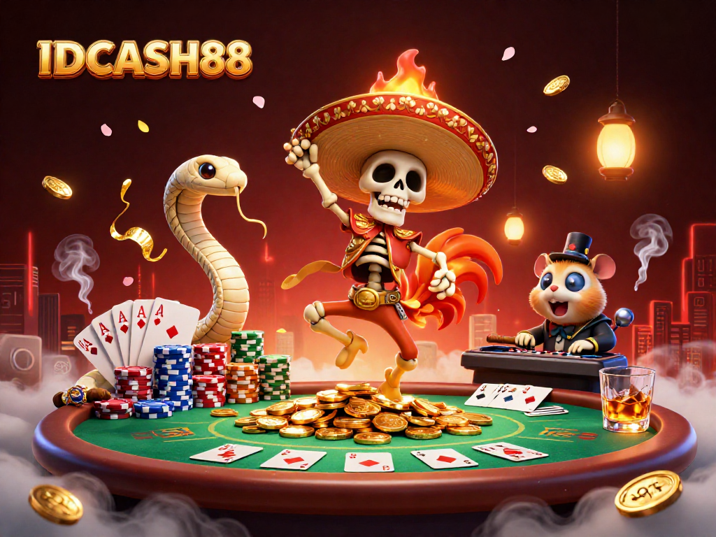 Join the fun at IDCASH88 with vibrant casino characters in a lively gaming scene.