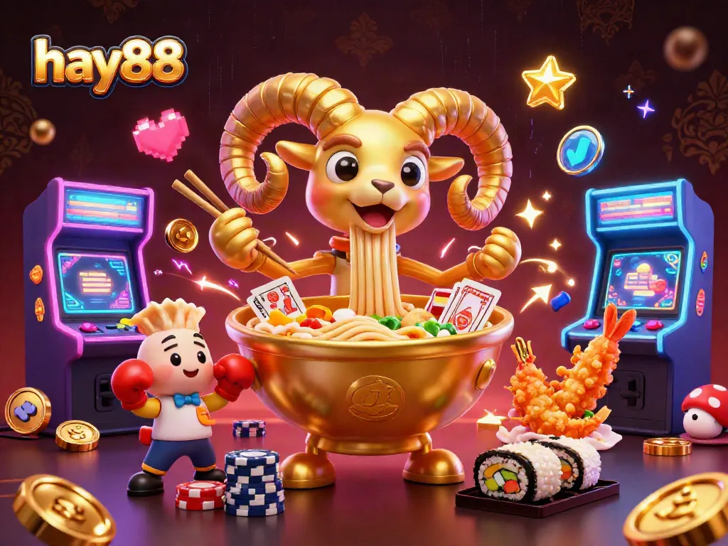 Play exciting games at hay88 with a vibrant scene featuring cartoon characters indulging in a fun casino atmosphere.