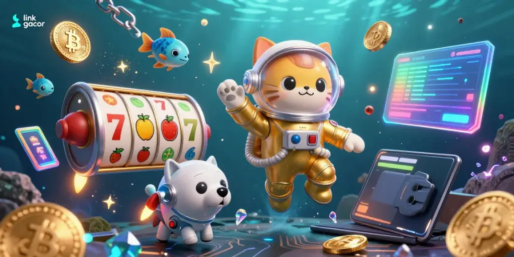 Engage with link gacor in a vibrant 3D casino scene featuring an astronaut cat and robot dog amidst jackpot symbols.