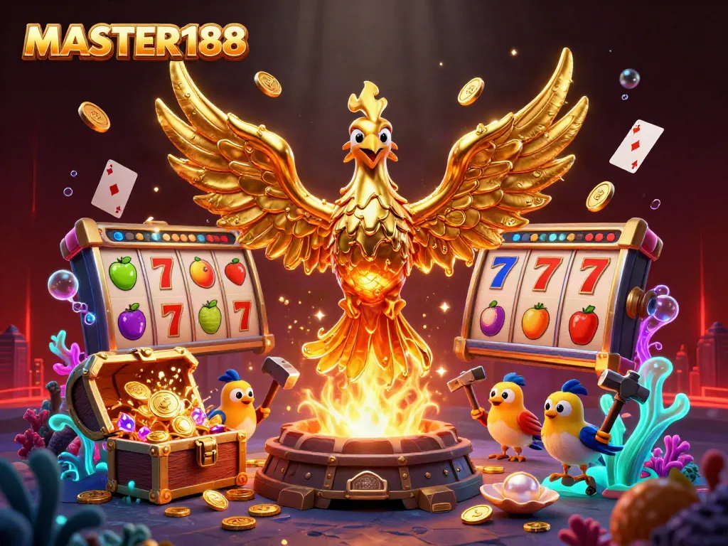 Witness the golden phoenix of MASTER188 emerging amidst captivating gaming elements, embodying excitement.