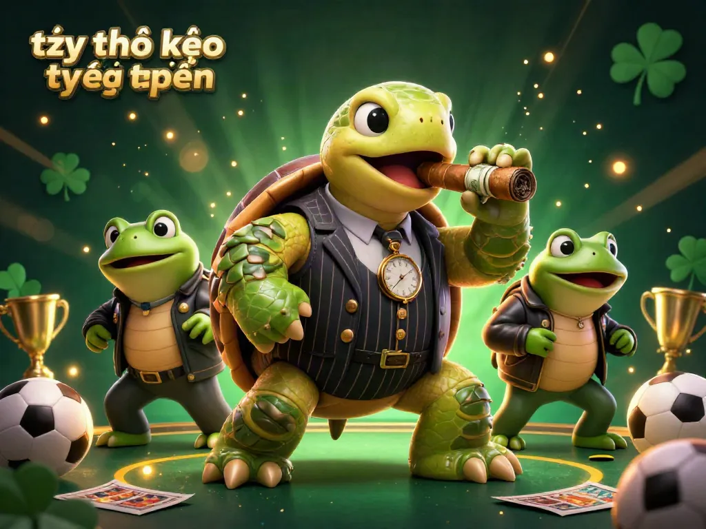 A thrilling scene featuring tỷ lệ kèo trực tuyến with a snapping turtle in a mobster suit and bullfrog enforcers, surrounded by sports betting elements.