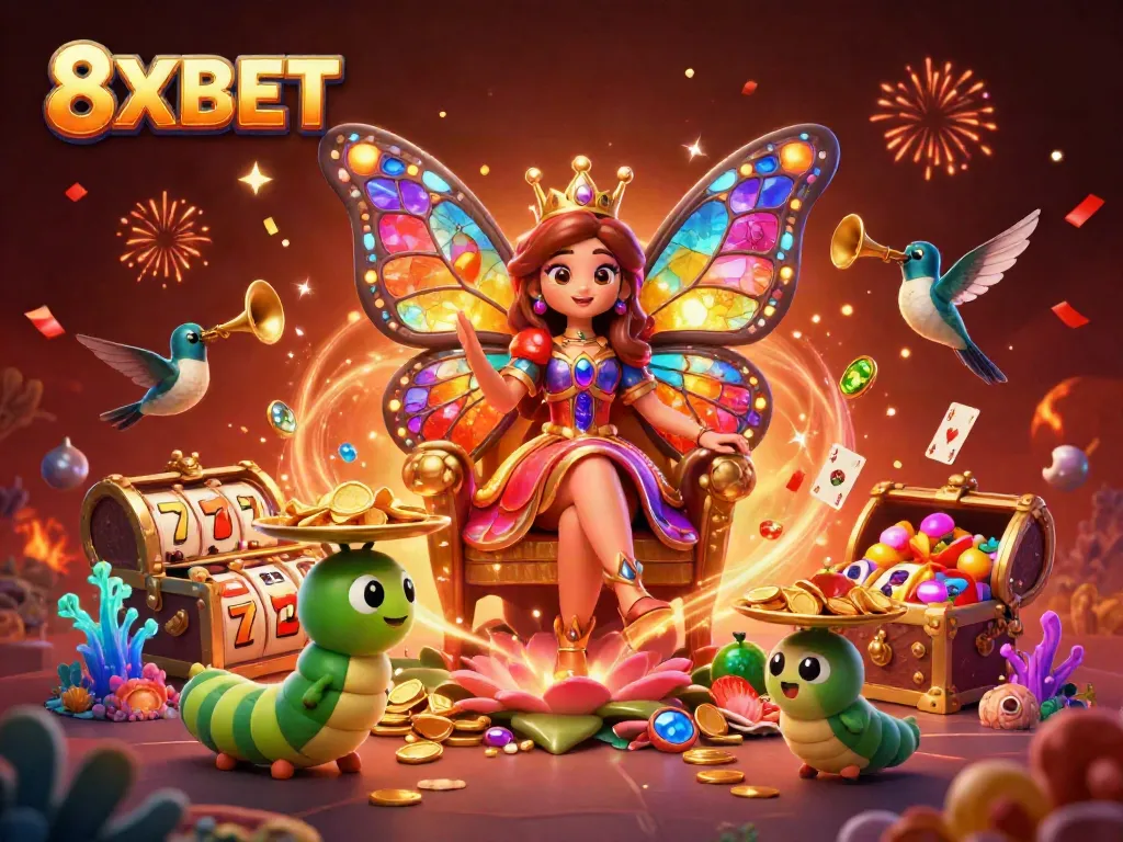 Experience the thrilling world of 8XBET in this vibrant 3D casino scene filled with colorful characters and symbols.