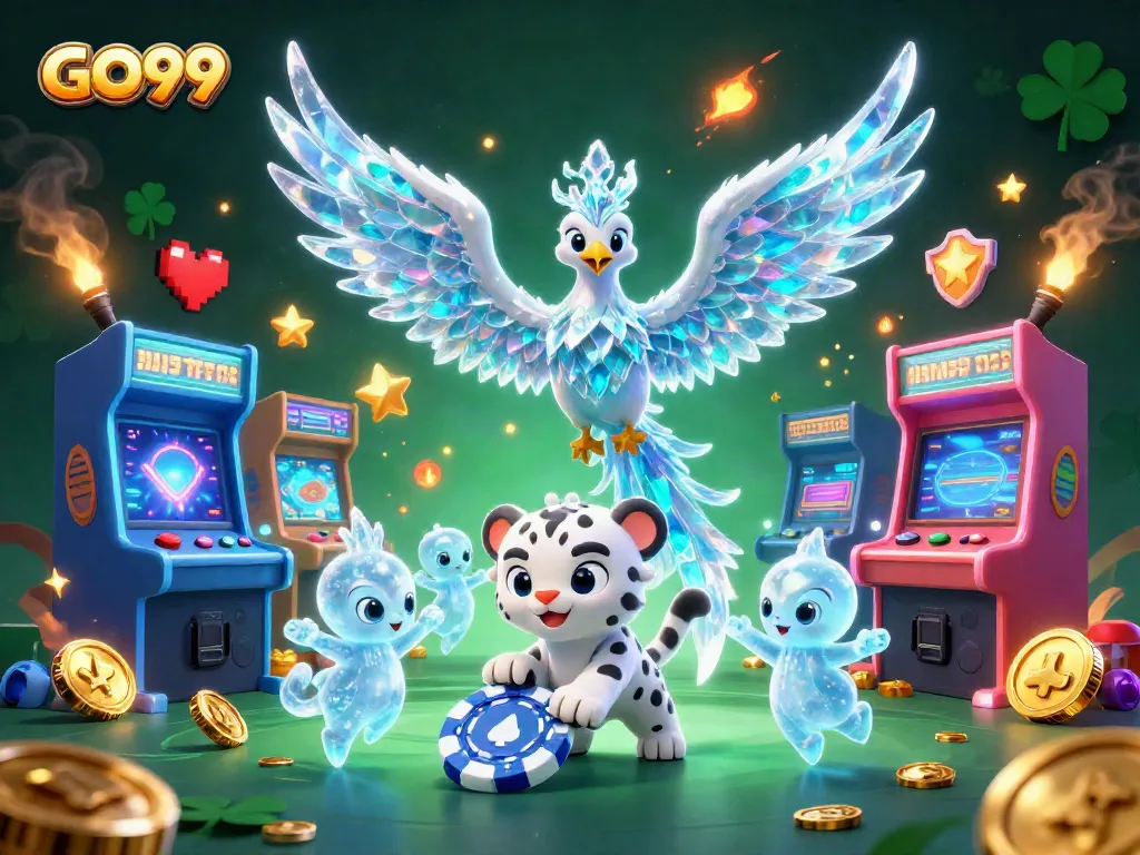 Spin the reels at GO99 with an ice phoenix and poker chip in a vibrant casino scene.