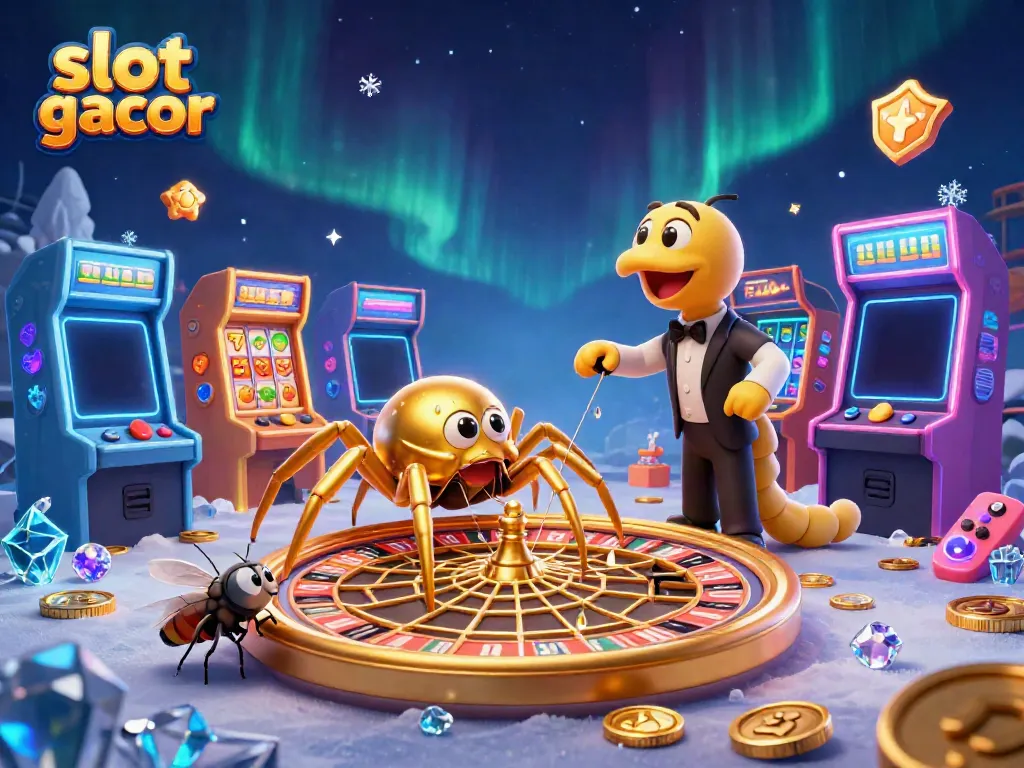 Experience the excitement of slot gacor with a playful spider and interactive casino elements.