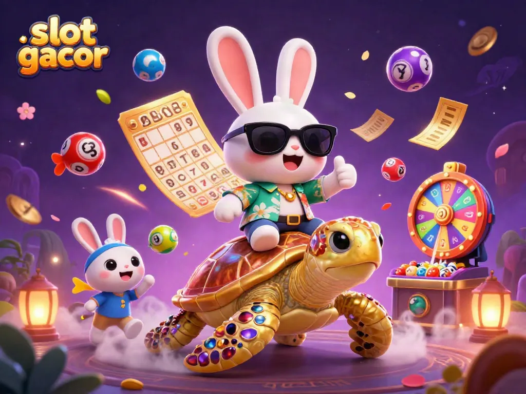 Experience thrilling slot gacor action with a cartoon lucky rabbit and golden sea turtle in a vibrant casino scene.