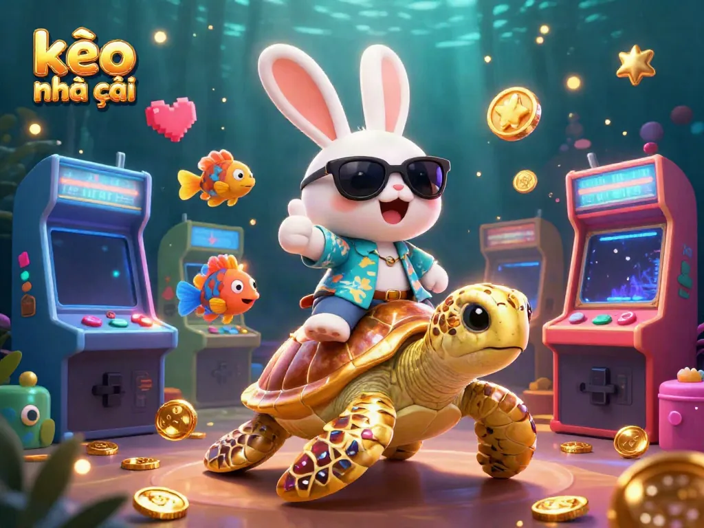 Experience thrilling kèo nhà cái action with a lively animated scene featuring a lucky rabbit and golden sea turtle.