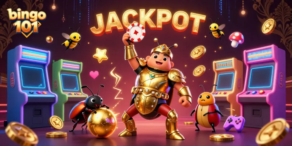 Bingo 101 celebration scene with a beetle character lifting chips, engaging gameplay elements.