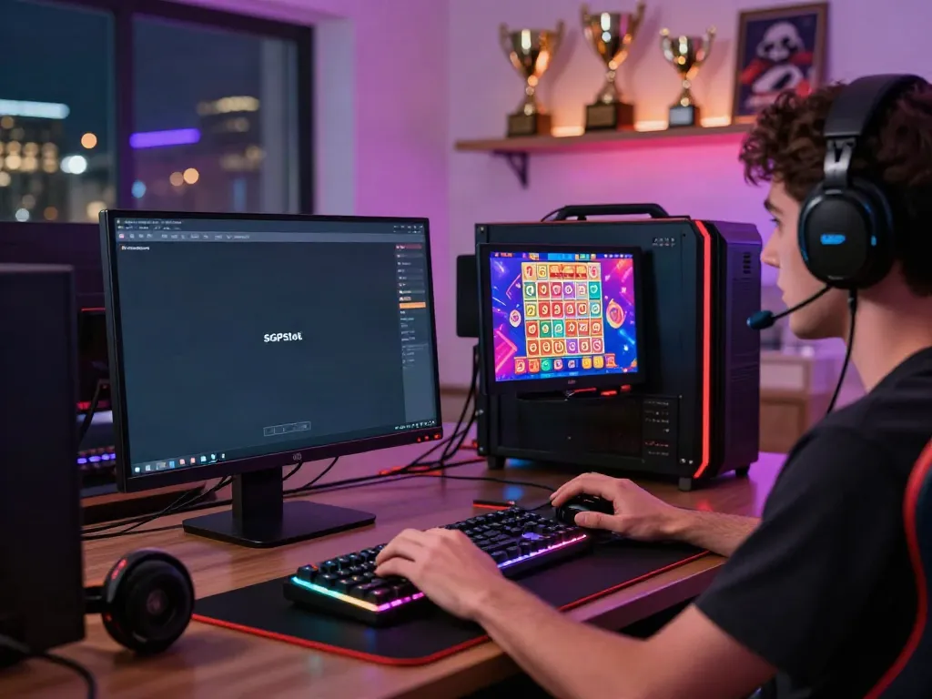 Engaged player on SGPSlot gaming platform showcasing vibrant online lottery experience with high-resolution graphics and accessories.