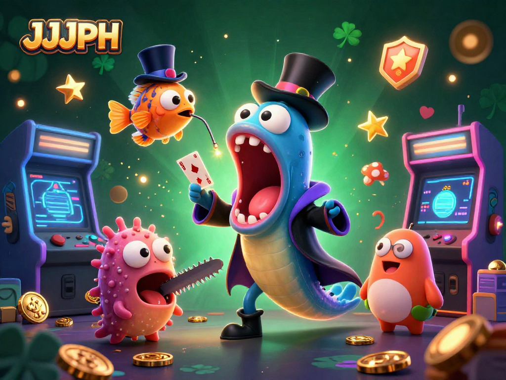 Nagpapakita ng JJJPH na eel na nag maagaw ng atensyon sa mga card tricks habang sinusuportahan ng anglerfish at sea cucumber sa isang makulay na casino scene.