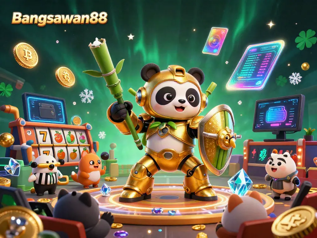 Bangsawan88 presents an exciting 3D scene showcasing dynamic casino action with the panda robot and vibrant symbols.