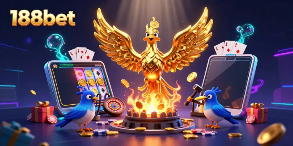 Experience the excitement of 188bet with a 3D illustration featuring a molten golden phoenix and gaming elements.