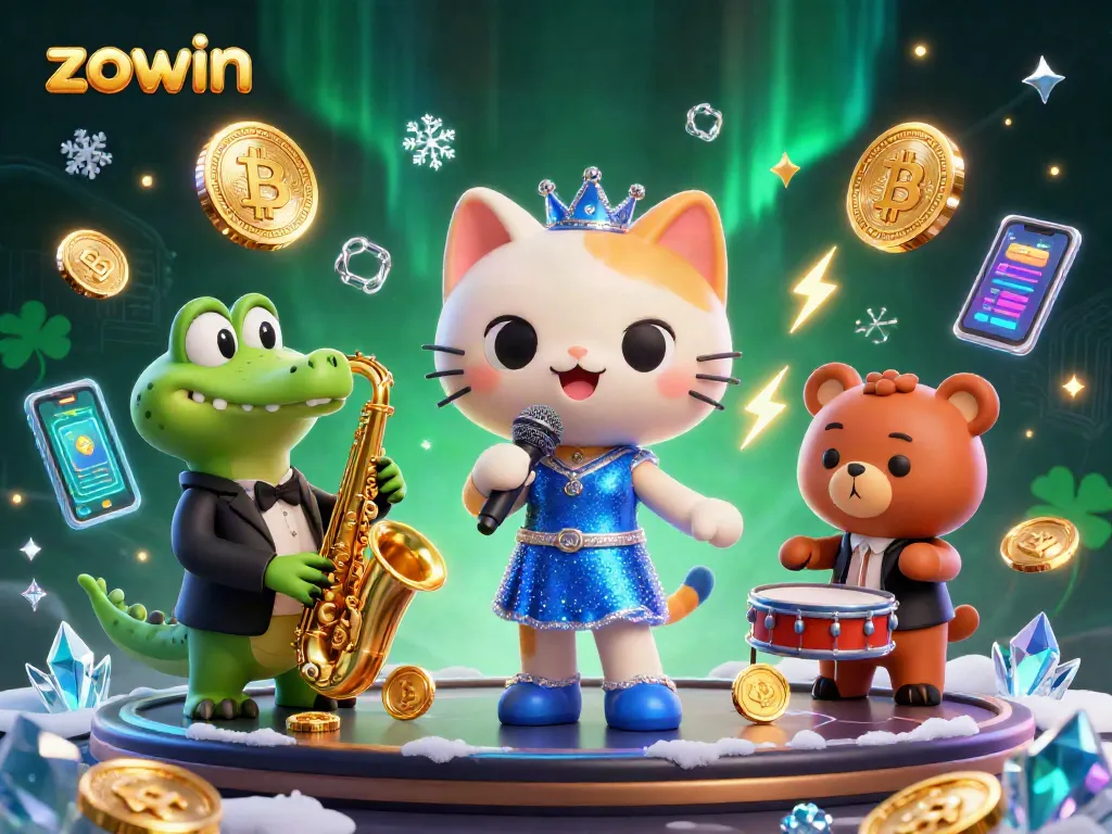 Engage in thrilling gameplay at Zowin with animated casino characters and crypto elements.