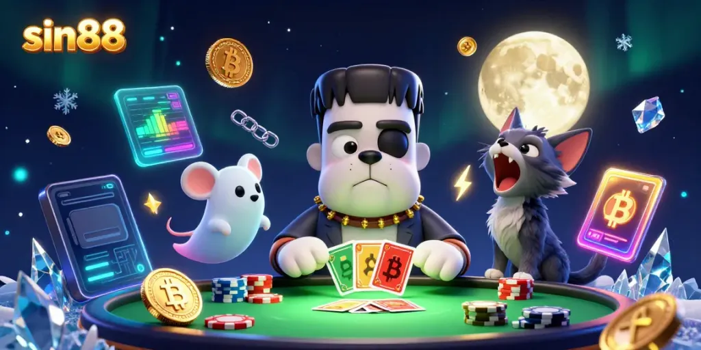 sin88 showcases a vibrant 3D cartoon casino scene with whimsical characters dealing cards.