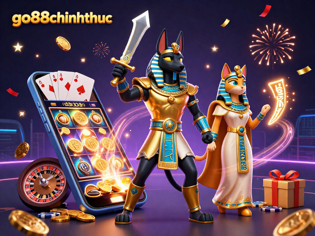 Engage in thrilling gameplay at go88chinhthuc with Anubis and Bastet amidst vibrant casino elements.