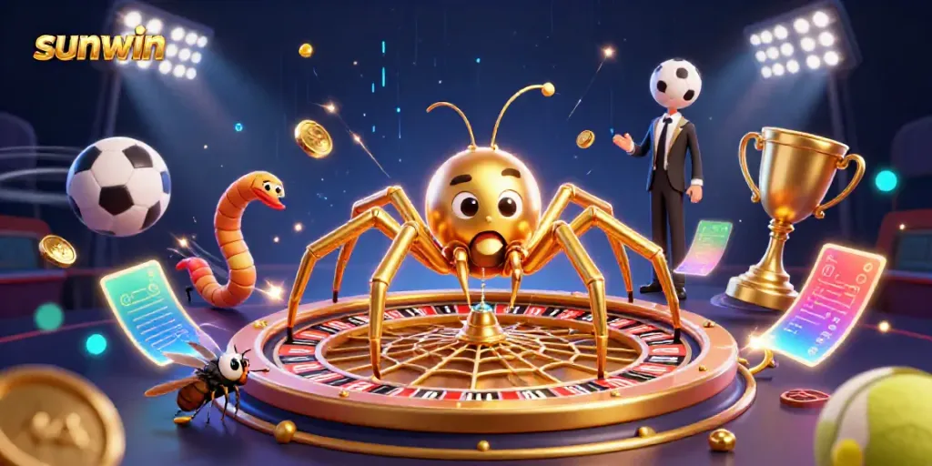 Experience the excitement of sunwin with a golden spider spinning its winning roulette web while sports balls fly in action.