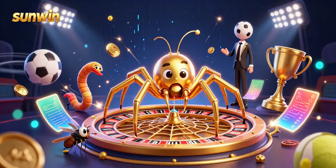 Experience the excitement of sunwin with a golden spider spinning its winning roulette web while sports balls fly in action.