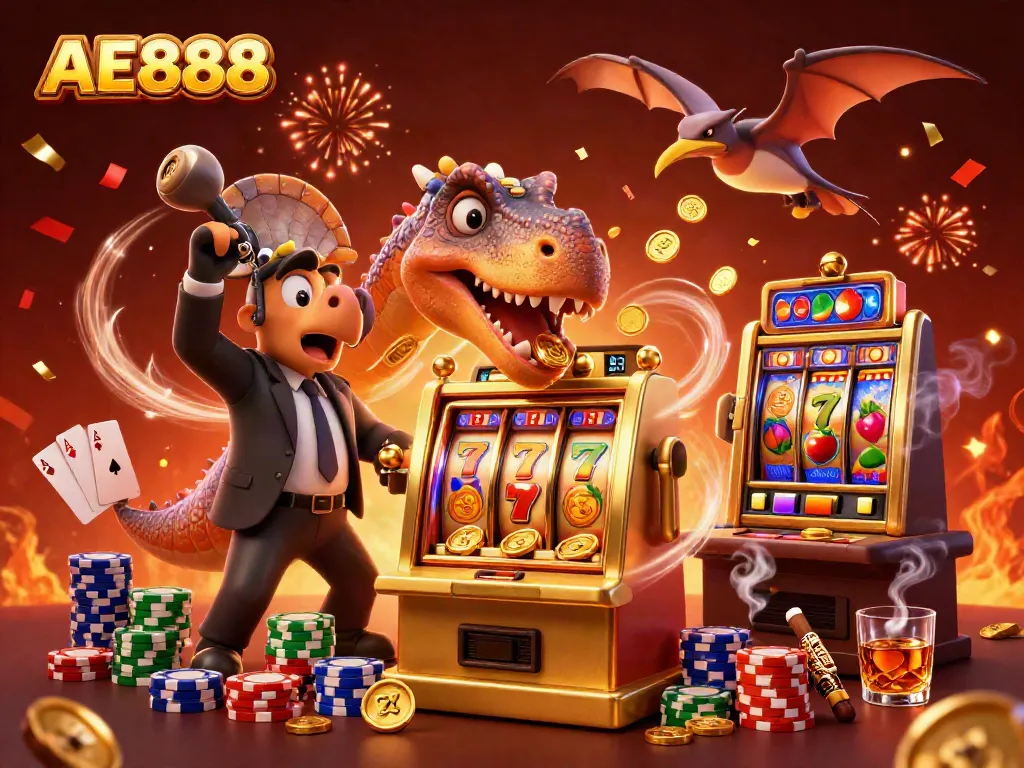 Experience the excitement of AE888 as a pachycephalosaurus executes a jackpot headbutt on a slot machine.