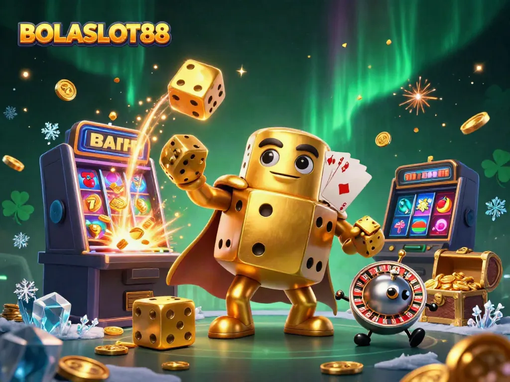 BOLASLOT88 features a lively scene with a golden dice golem juggling smaller dice amid exploding jackpots.