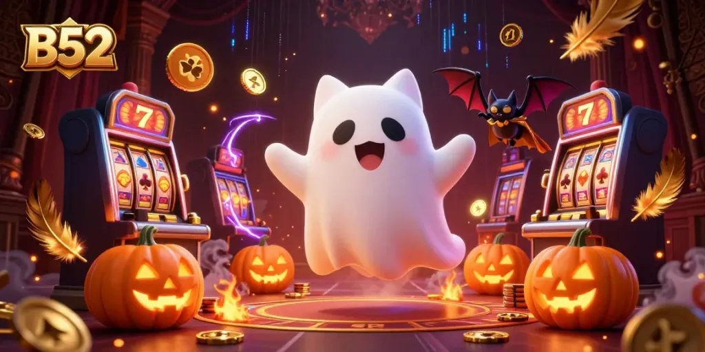 Experience thrilling casino excitement with the B52 ghost cat and vampire bat illustration.