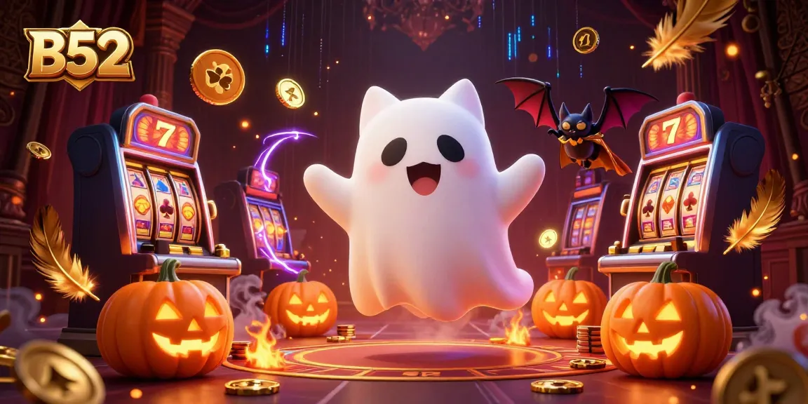 Experience thrilling casino excitement with the B52 ghost cat and vampire bat illustration.