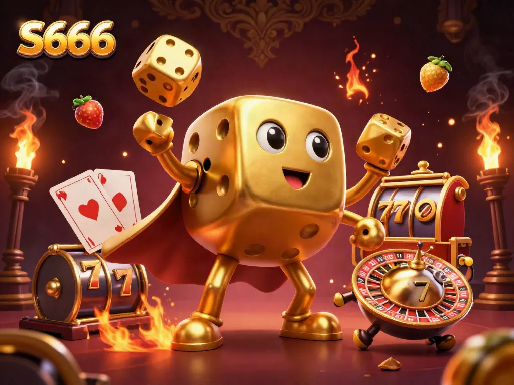 S666 slot golem juggling golden dice amid vibrant casino elements, illustrating dynamic gameplay.