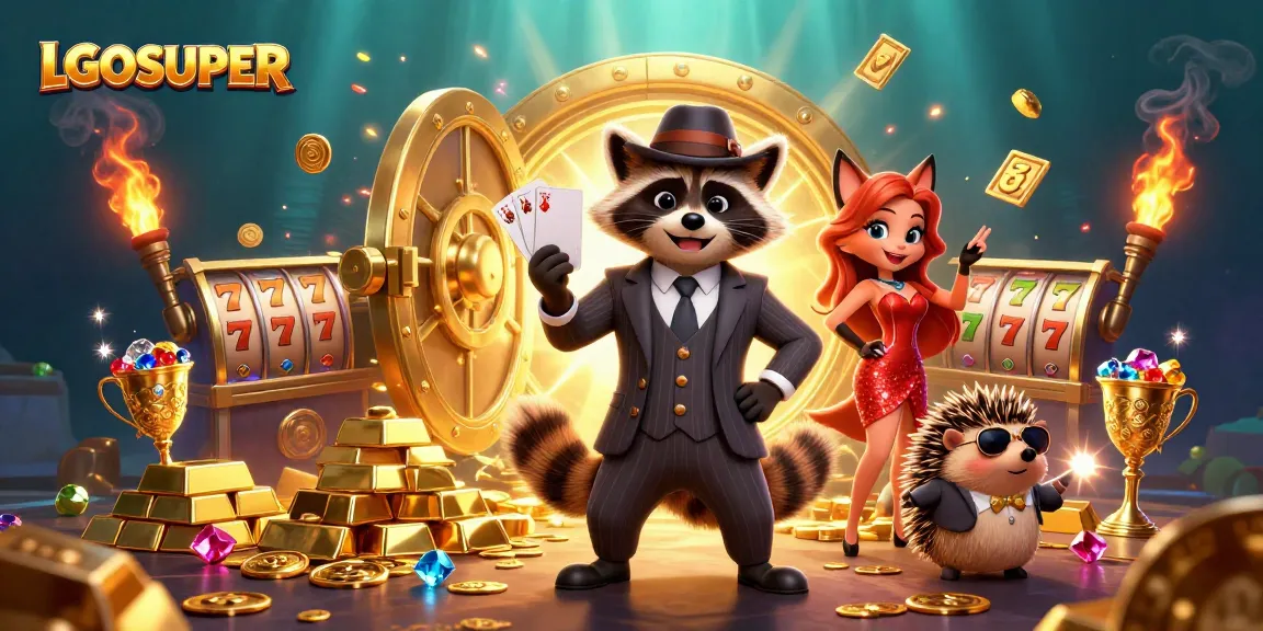 Experience thrilling gaming at LGOSUPER with a raccoon holding a royal flush, surrounded by dazzling casino elements.